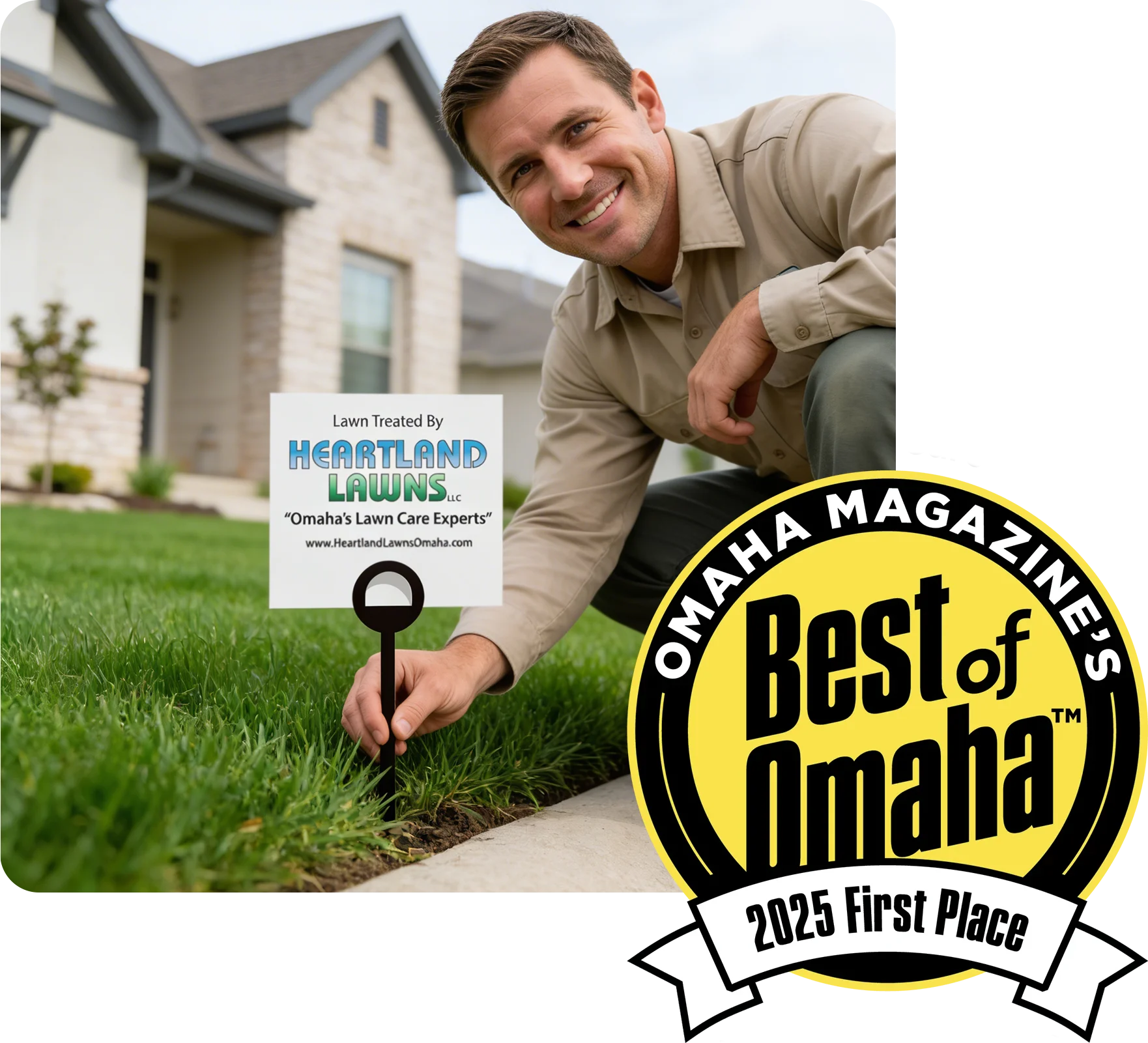 Technician holding lawn sign