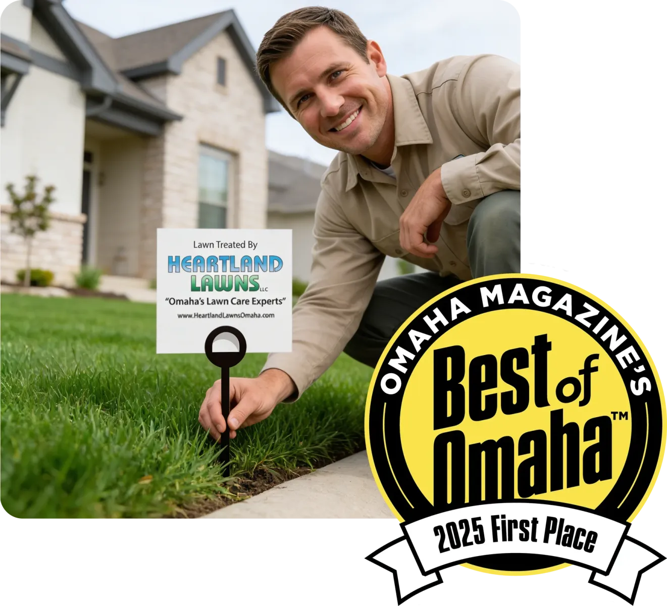 Technician holding lawn sign