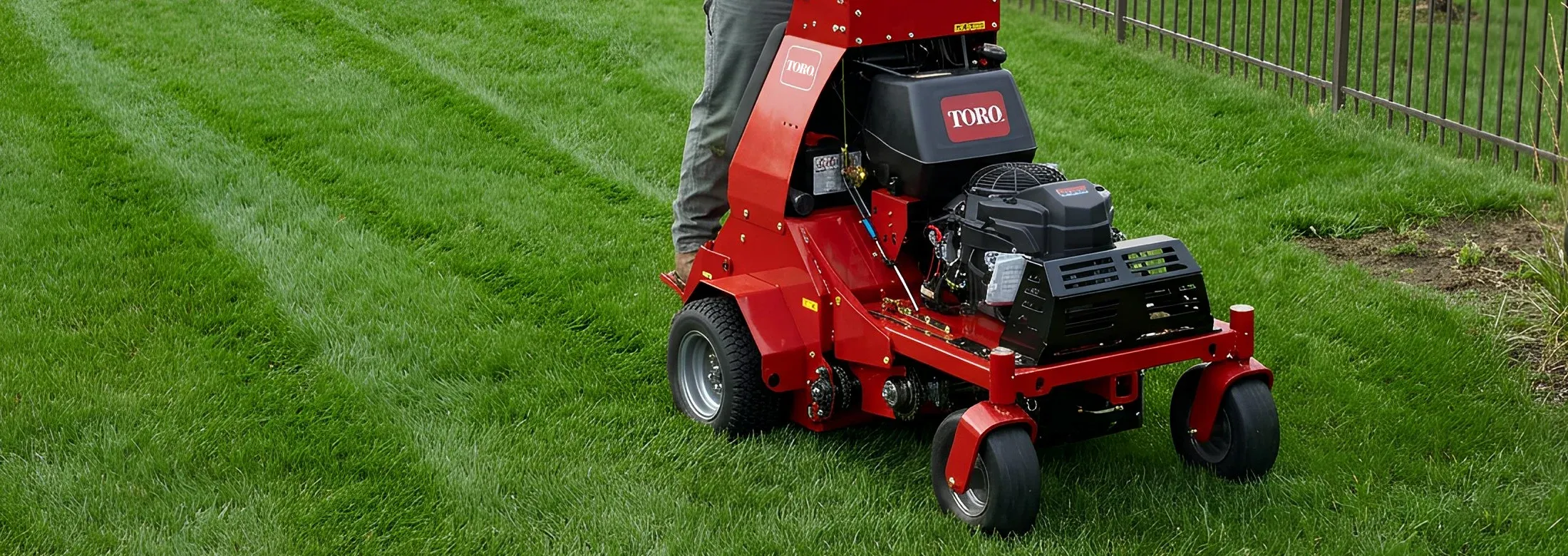Aerating lawn, technician riding aerator 