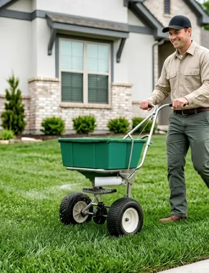 technician fertilizing the lawn