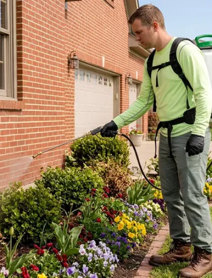 technician spraying exterior of house for pest