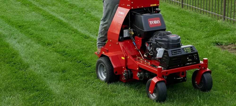 Aerating lawn, technician riding aerator 