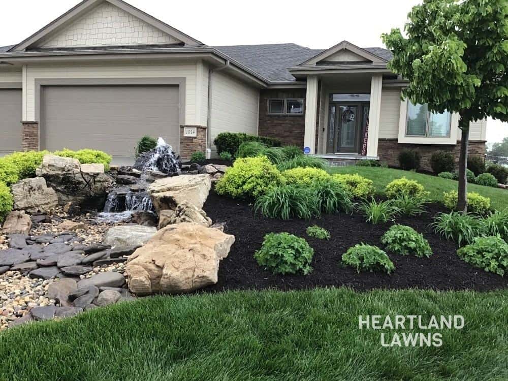 Lawncare service results with landscaping, water feature, and xeriscaped sections in Bennington.